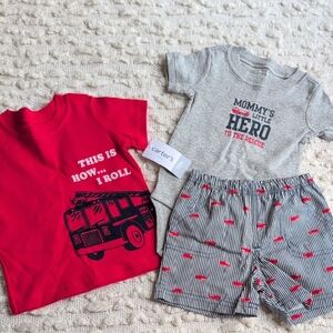 Carters 12 Month Three Piece Fire Truck Striped Summer Short Sleeve Baby Set Boy